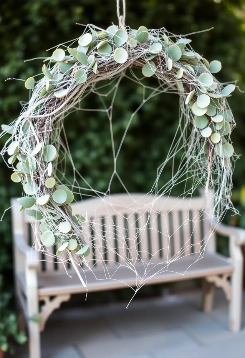 Sage eucalyptus halloween wreath woven through with white faux cobwebs on front porch