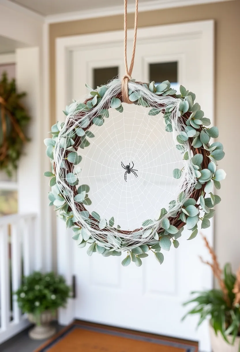 Eucalyptus halloween wreath with woven faux cobwebs and spider on white front door
