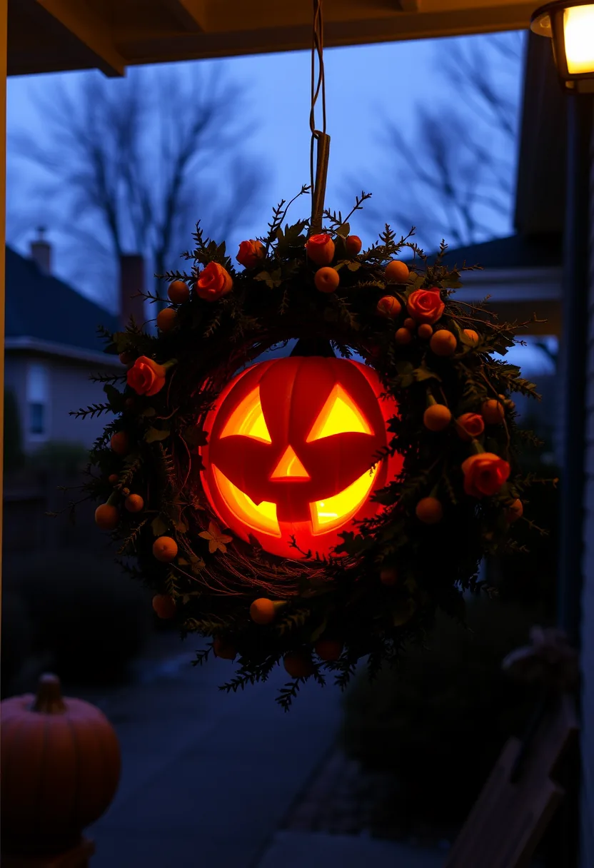 Glowing jack-o'-lantern face pick brings instant charm to halloween wreath with berries and roses
