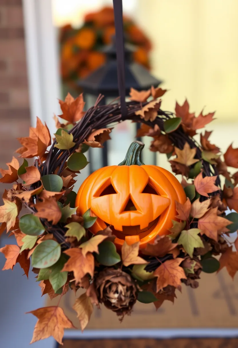 Halloween wreath decorated with bright orange jack-o'-lantern face pick, autumn leaves and vines