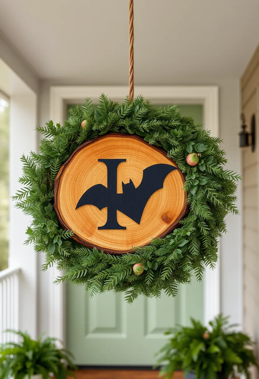 Halloween wreath with green fern foliage, charred wood slice and black bat monogram on front door
