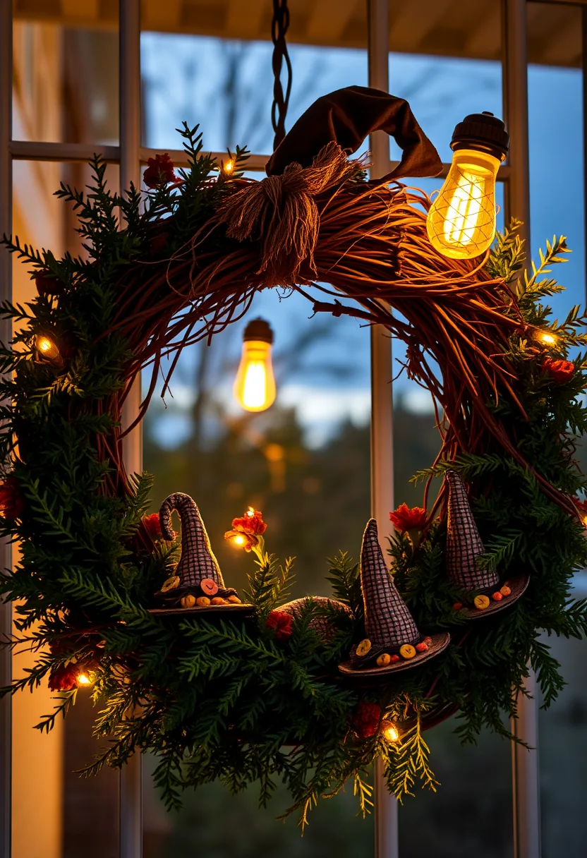 Halloween wreath with tiny woven witch hats circling green garland, glowing lanterns and red flowers