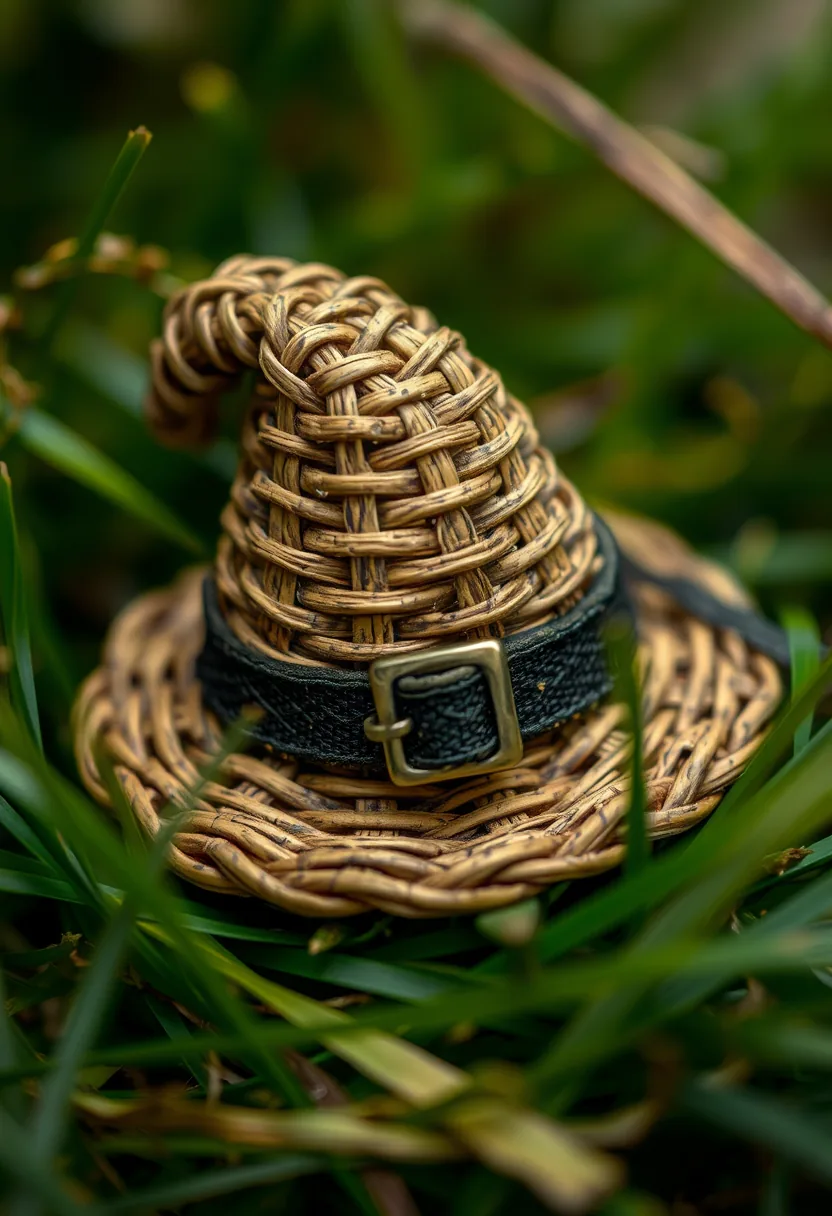 Miniature woven witch hat with black buckle band for halloween wreath decoration in tan straw