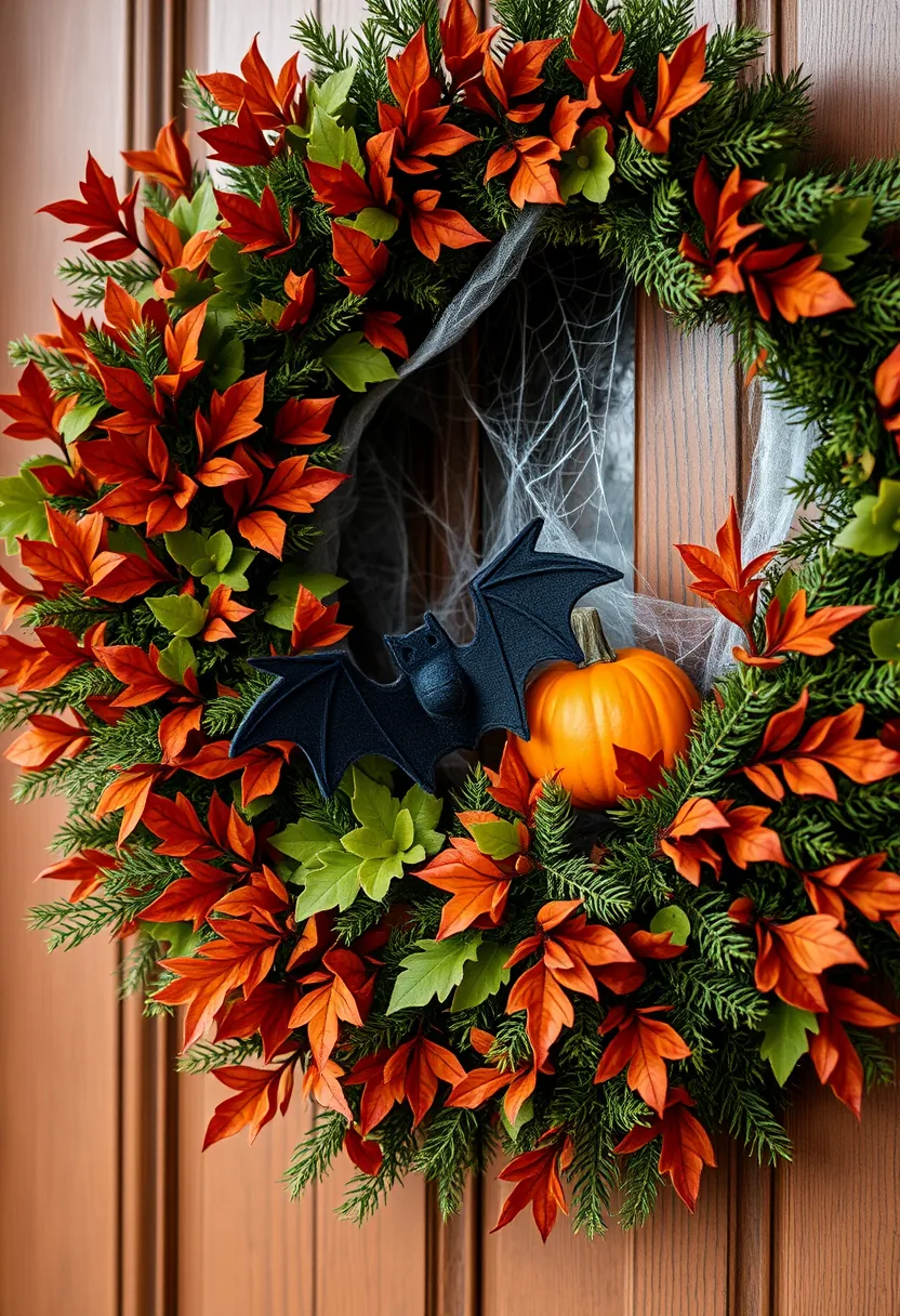 Close-up of the weatherproof faux foliage wreath with a bat and small pumpkin