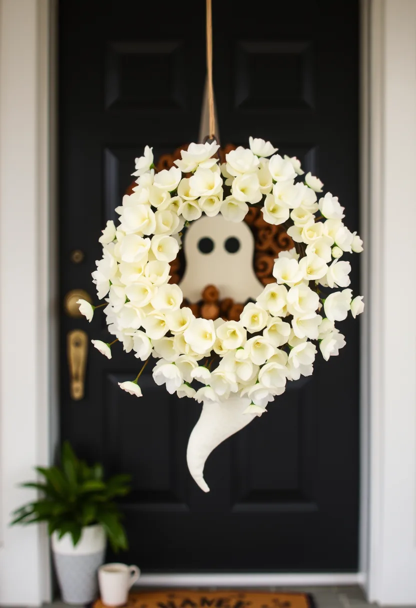 White ghost halloween wreath with pale rose flowers and black eyes on front door