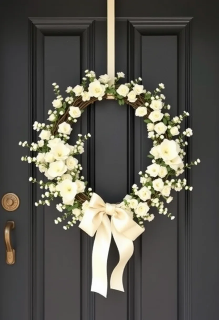 All-white ghost-inspired halloween wreath with cream roses, baby's breath, twigs and ivory bow on black door