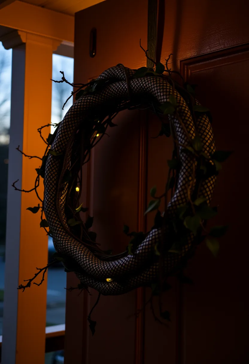 Black mesh halloween wreath with faux snake winding through twigs and yellow LED lights for spooky decor
