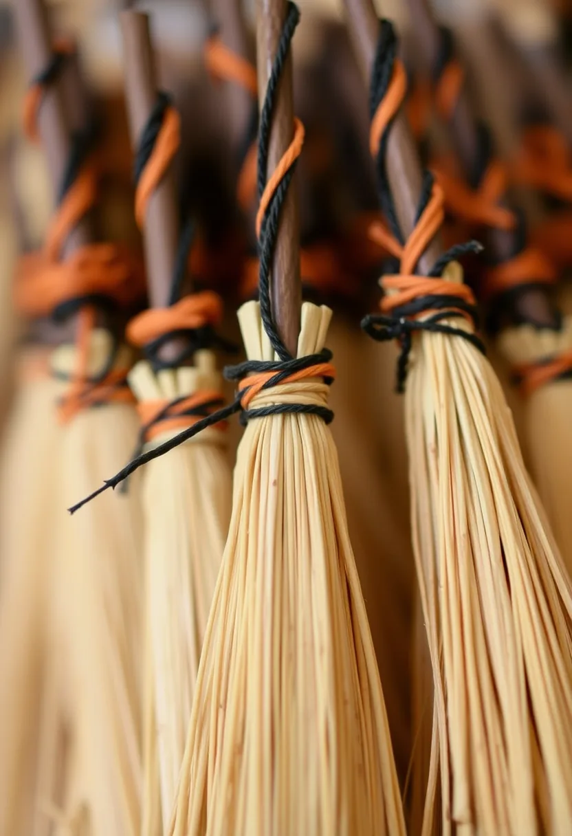 Tan straw broomsticks wrapped in black and orange twine for halloween wreath cluster accent