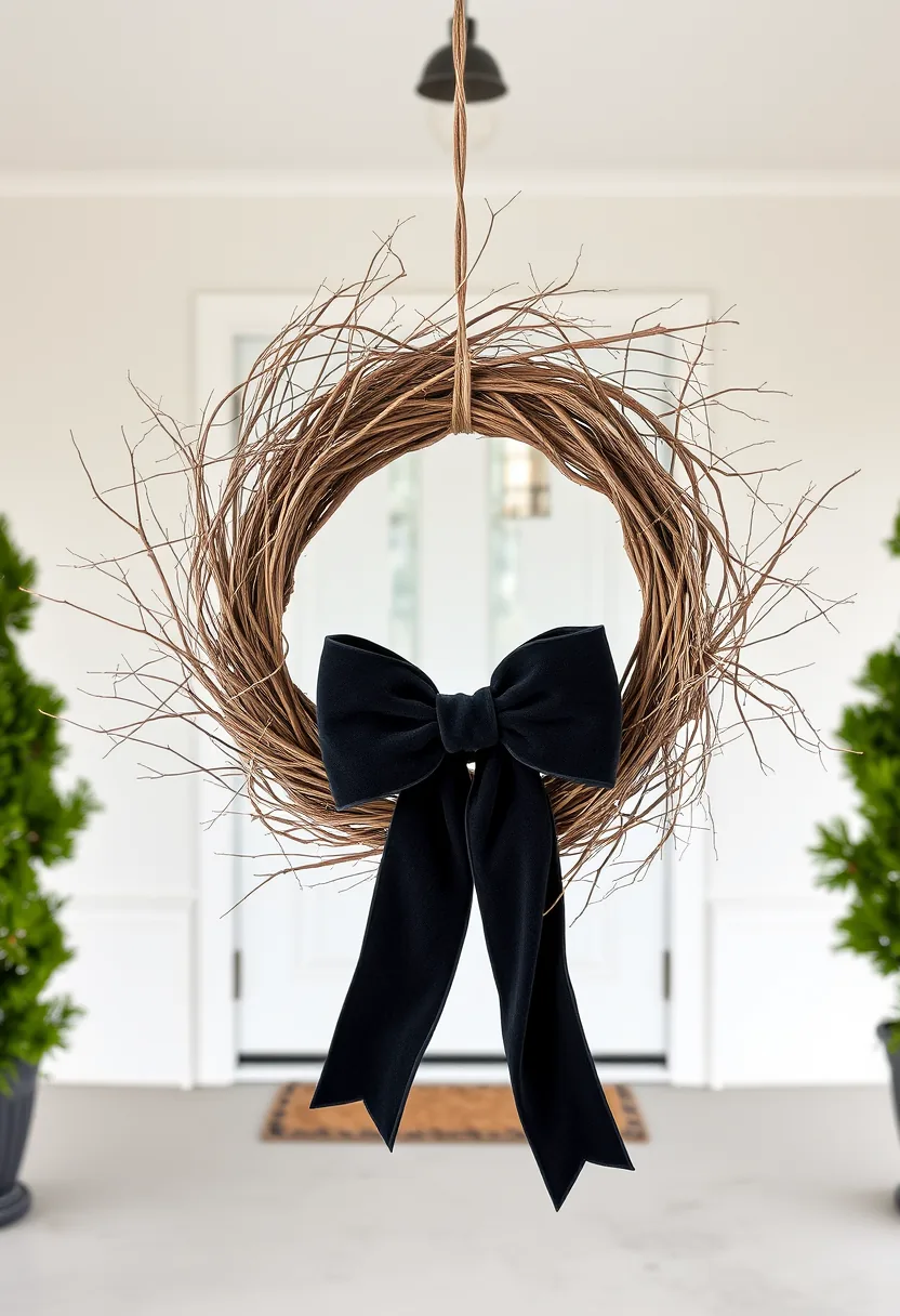 Bare vine halloween wreath with one black velvet bow on white front door, minimalist style