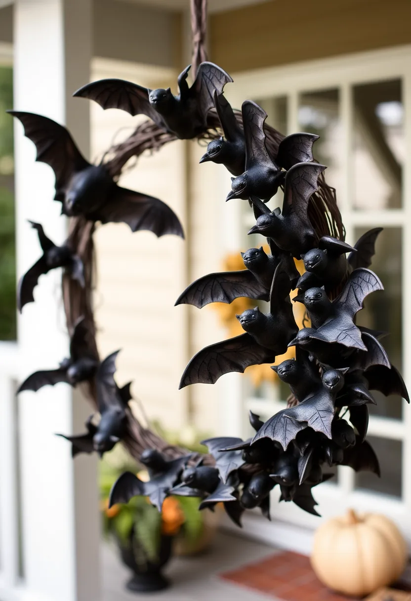 Black faux bats clustered mid-halloween wreath on white front door with orange pumpkins nearby