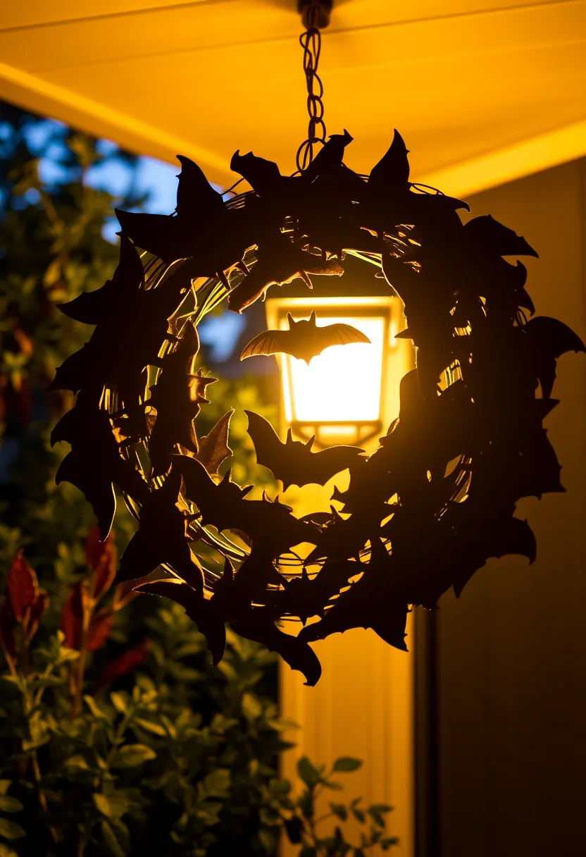 Straw halloween wreath with black faux bats clustered around glowing center lantern on yellow door