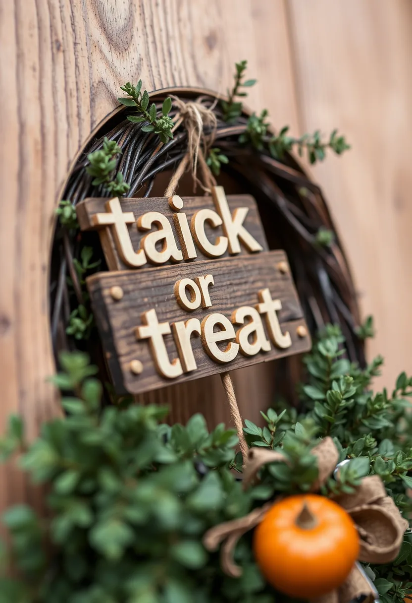 Woven halloween wreath with green foliage, centered wooden trick or treat sign, pumpkins, rustic wood backdrop