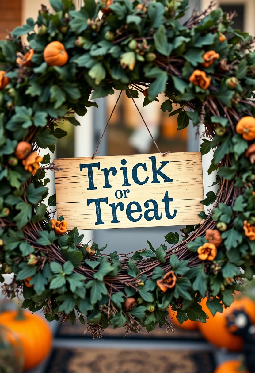 Wooden Trick or Treat sign with blue text centered in halloween wreath of green foliage and orange flowers