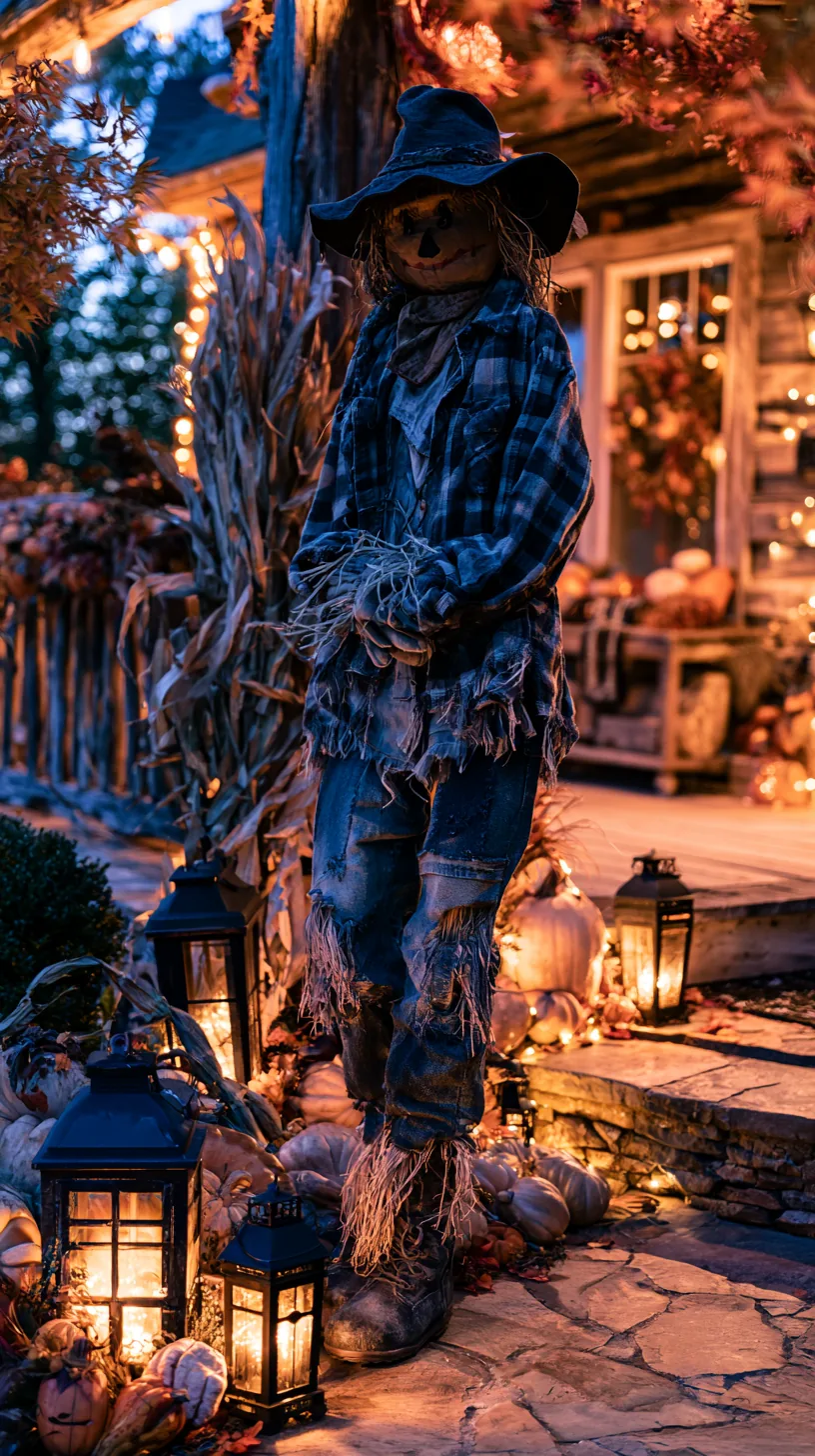 Scarecrow in blue plaid flannel and faded denim with straw, outdoor scarecrow decor with pumpkins and lanterns