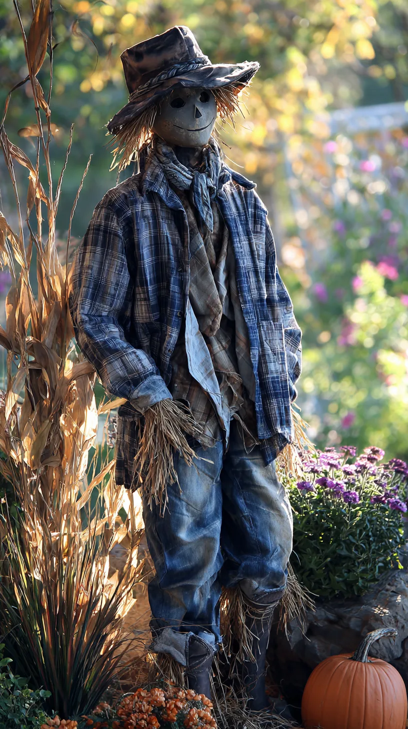 Layered blue flannel over faded denim scarecrow with straw by dried corn and flowers outdoor scarecrow decor
