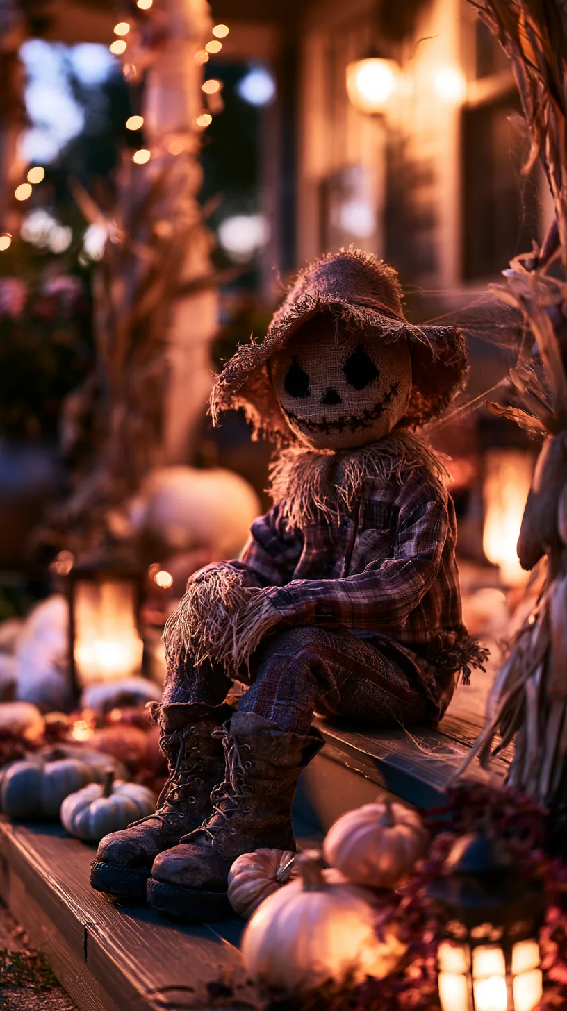 Hand-stitched burlap sack scarecrow in plaid shirt sitting with pumpkins for outdoor scarecrow decor