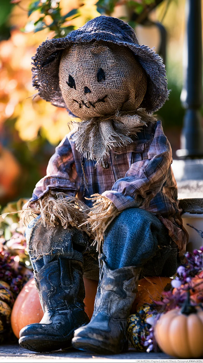 Burlap scarecrow with hand-stitched features and blue plaid shirt for outdoor scarecrow decor with pumpkins