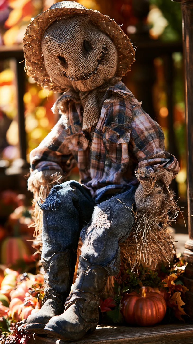 Burlap sack outdoor scarecrow with hand-stitched face, straw hat, plaid shirt, jeans, surrounded by pumpkins
