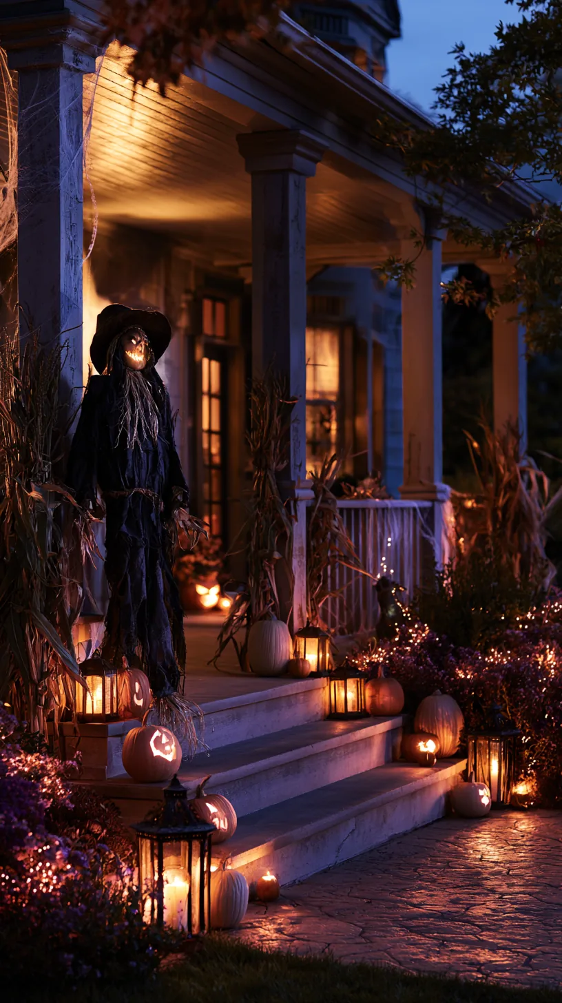 Black scarecrow propped against porch railing with illuminated jack-o'-lanterns for outdoor scarecrow decor