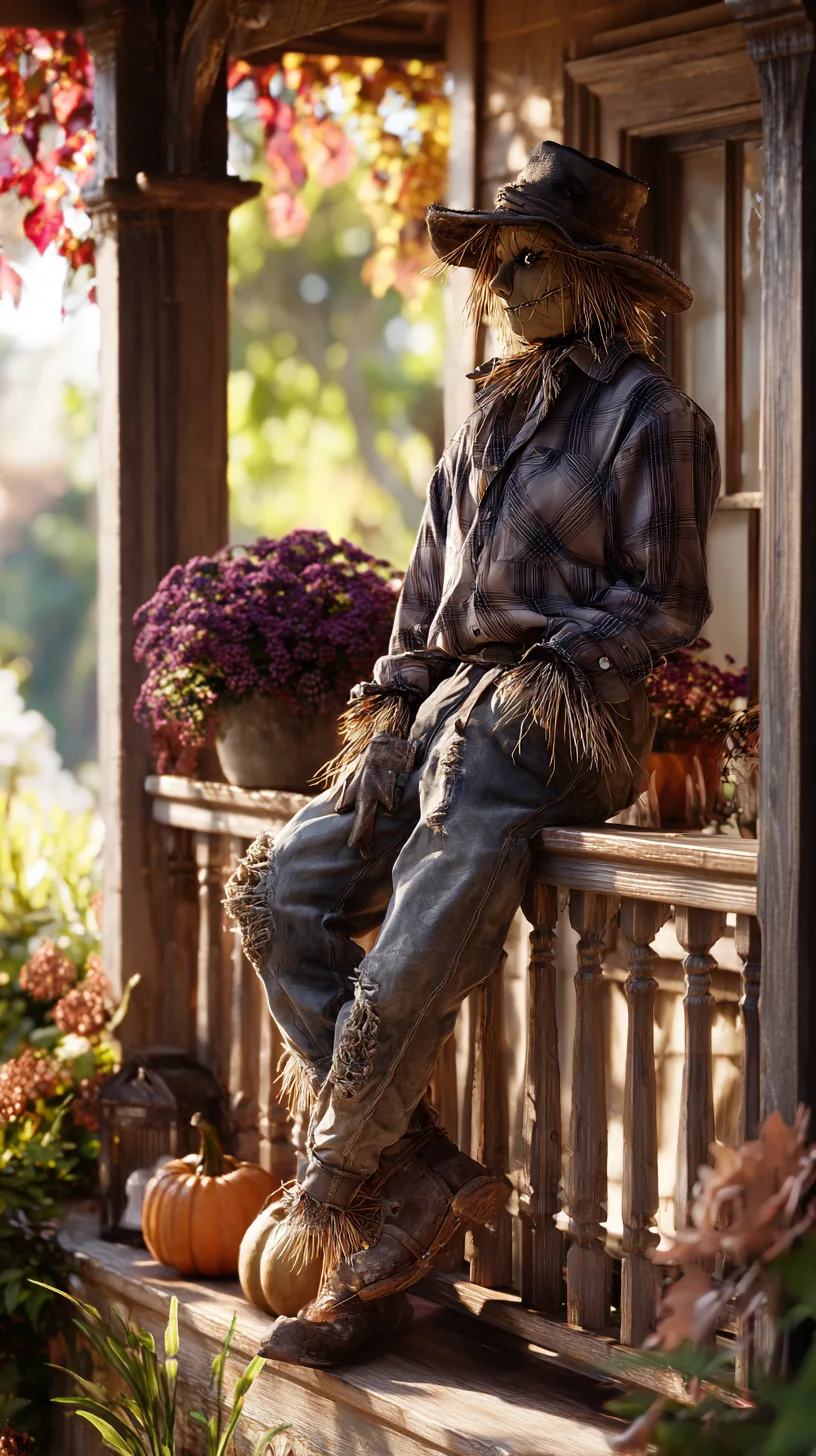 Straw scarecrow perched on porch railing wearing plaid shirt and hat as outdoor scarecrow decor with fall mums