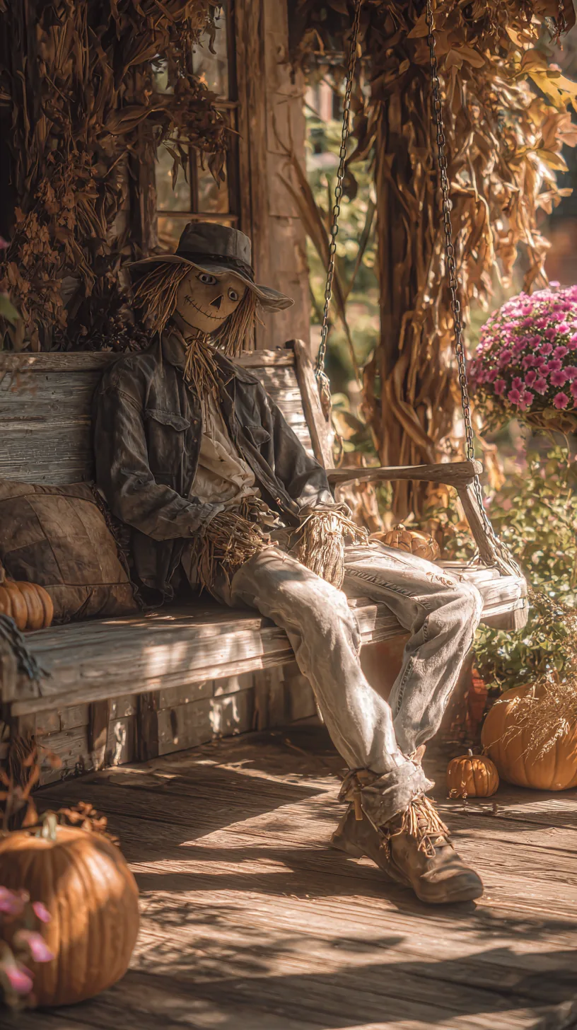 Straw scarecrow perched on wooden porch swing, outdoor scarecrow decor with dried corn husks and pink mums
