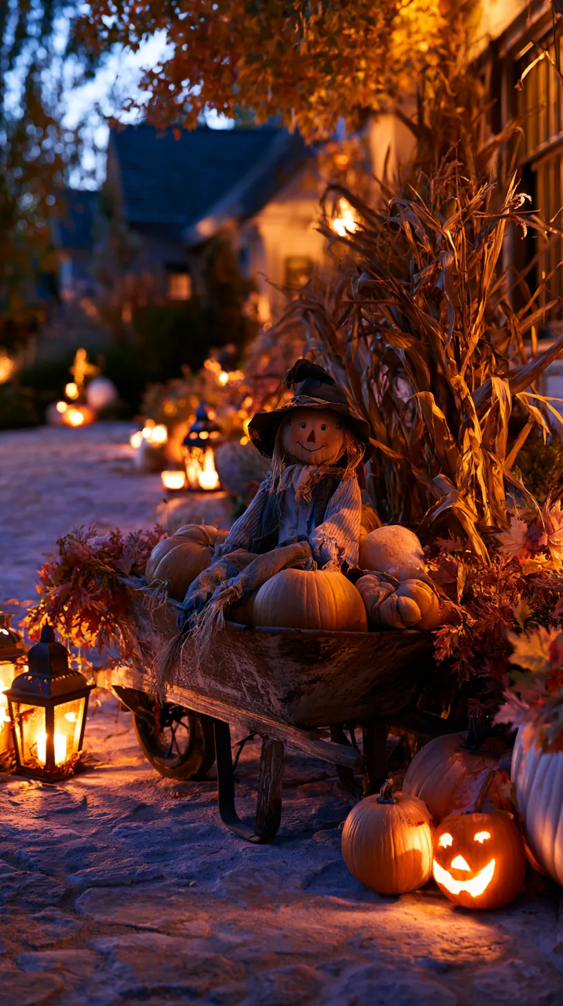 Scarecrow in wooden wheelbarrow surrounded by orange pumpkins, dried corn stalks for outdoor scarecrow decor