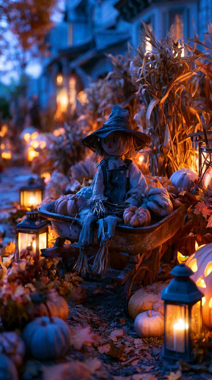 Straw scarecrow in blue sits in rustic wheelbarrow with white and orange pumpkins for outdoor scarecrow decor