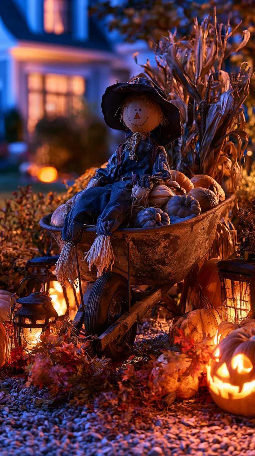 Pumpkin-head scarecrow in wheelbarrow with gourds, outdoor scarecrow decor with corn and lit lanterns