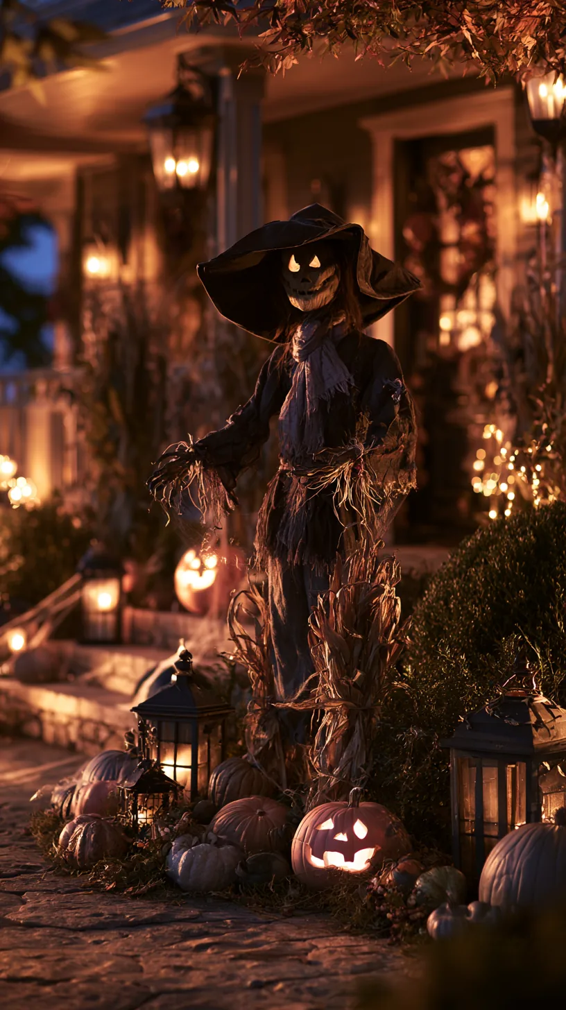 Scarecrow topped with black floppy wide-brim hat, Halloween pumpkin face, outdoor scarecrow decor on lit porch