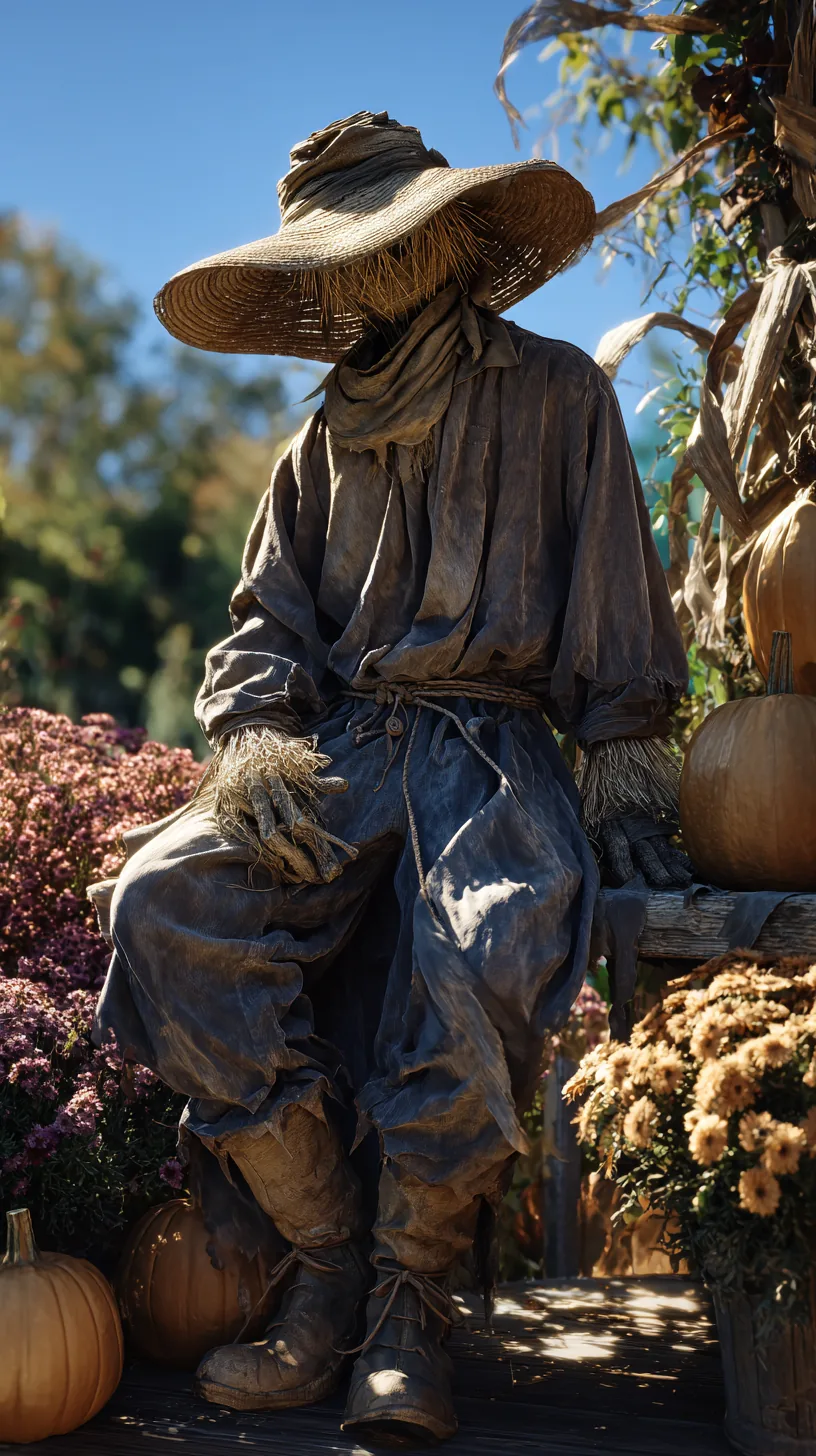 Floppy wide-brim straw hat tops scarecrow in dark shirt, straw sleeves, purple mums for outdoor scarecrow decor