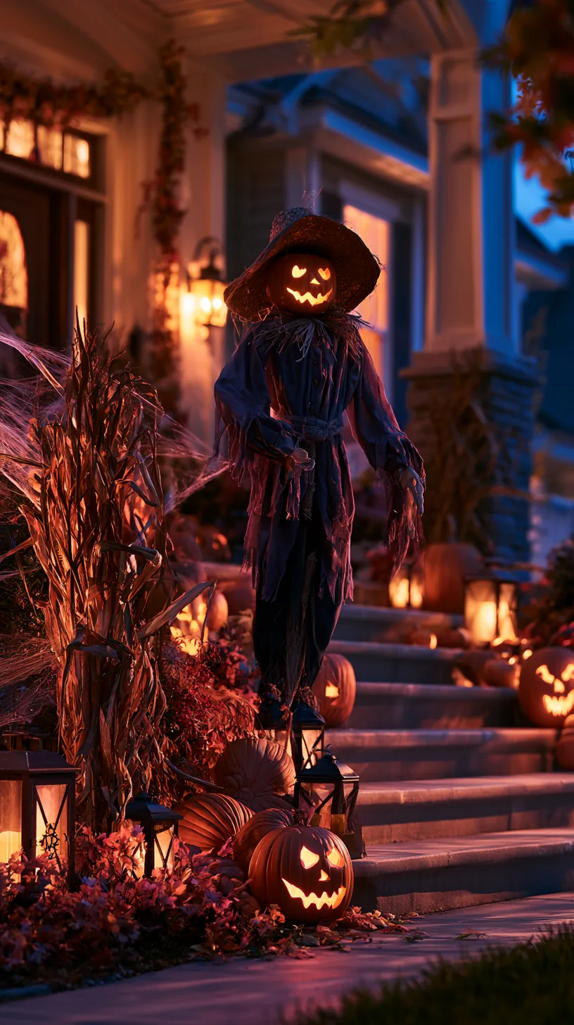 Pumpkin-headed scarecrow with glowing face in outdoor scarecrow decor with corn and jack-o'-lanterns