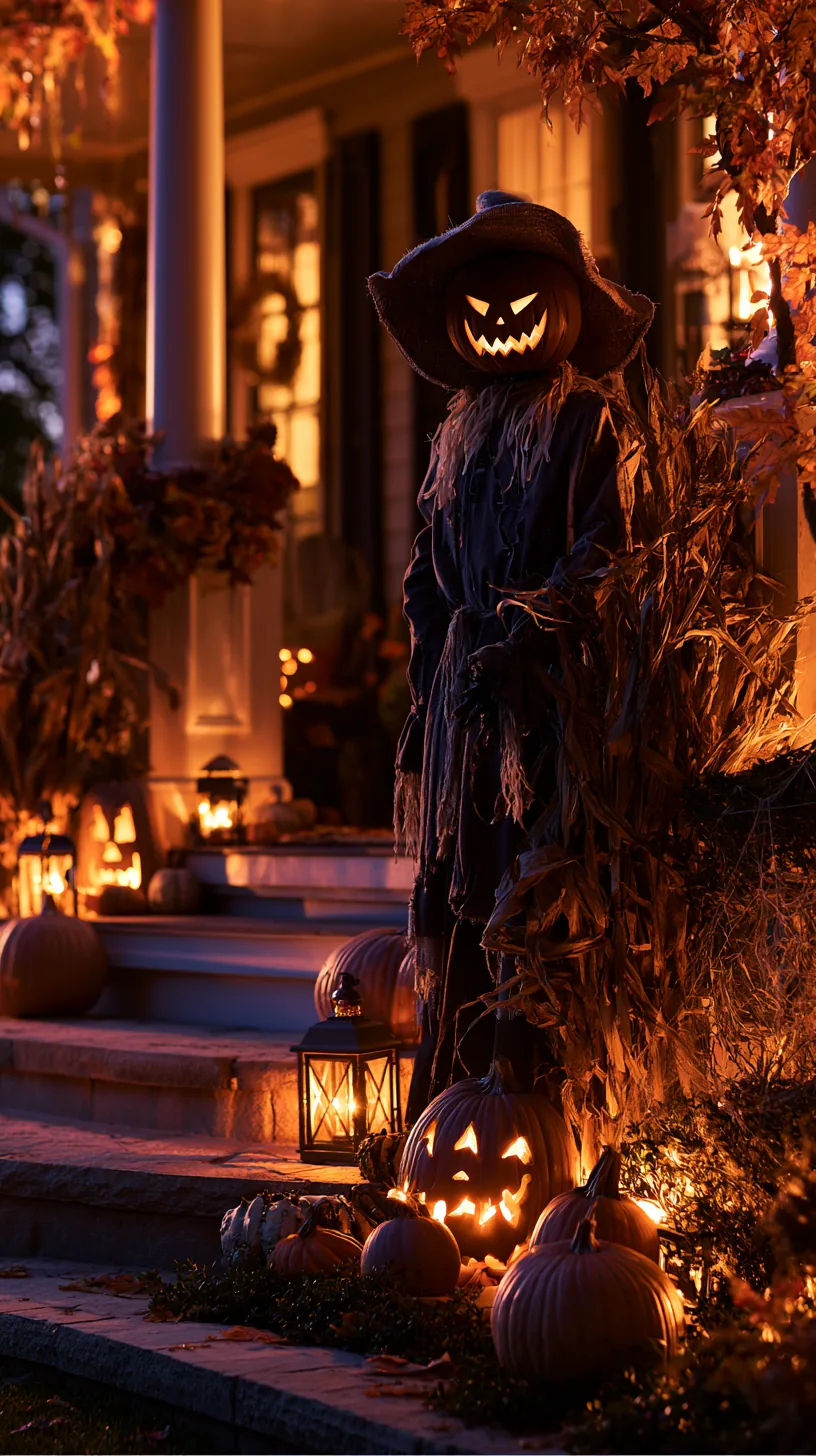 Pumpkin-headed scarecrow outdoor decor with glowing jack-o'-lantern and carved pumpkins at lit house entrance