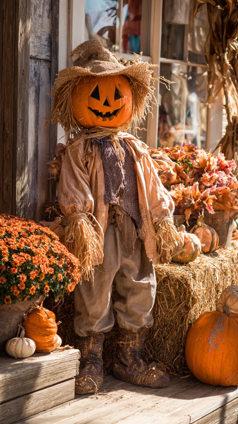 Pumpkin-headed scarecrow with jack-o'-lantern and straw hat for outdoor scarecrow decor with mums and gourds