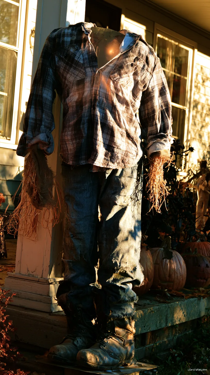 Headless outdoor scarecrow decor with plaid shirt and straw, positioned on front porch with pumpkins