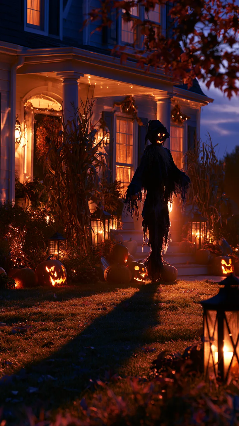 Scarecrow with jack-o-lantern head spotlit by warm golden light, glowing pumpkins for outdoor scarecrow decor