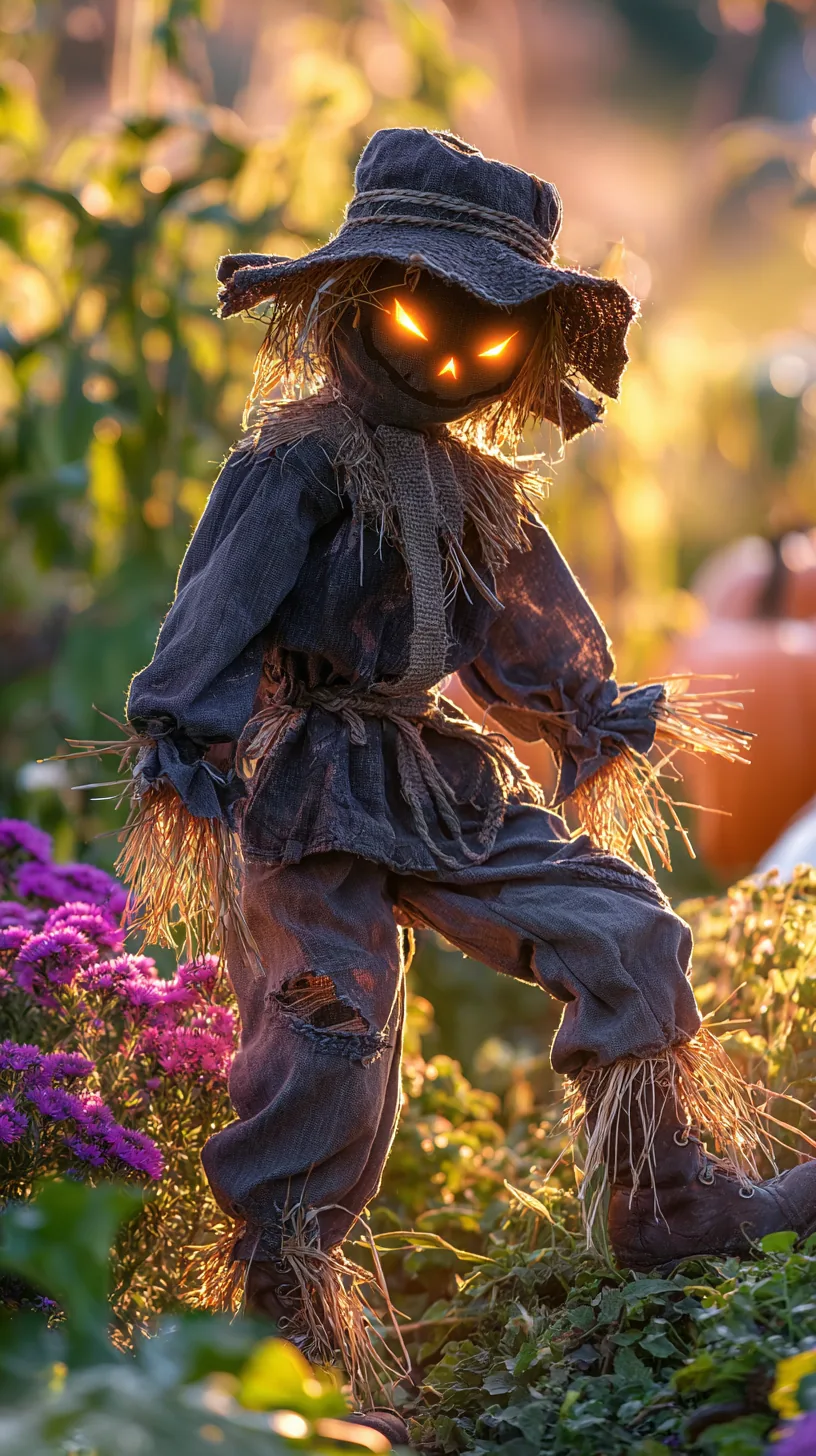 Navy outdoor scarecrow decor with straw and bright glowing orange LED eyes among Halloween flowers
