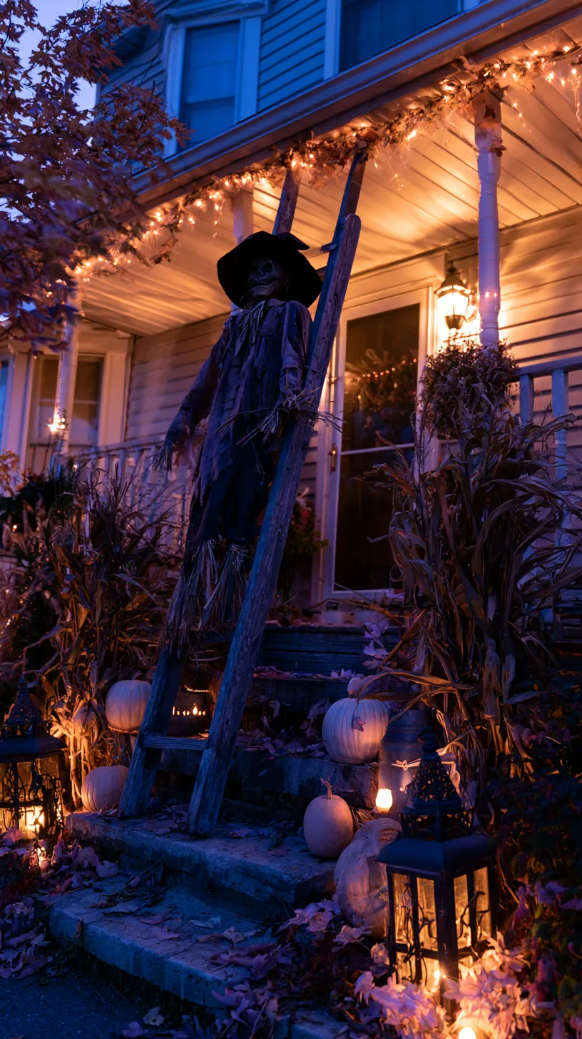 Dark scarecrow leaning on wooden ladder at house porch, autumn outdoor scarecrow decor with white lit pumpkins