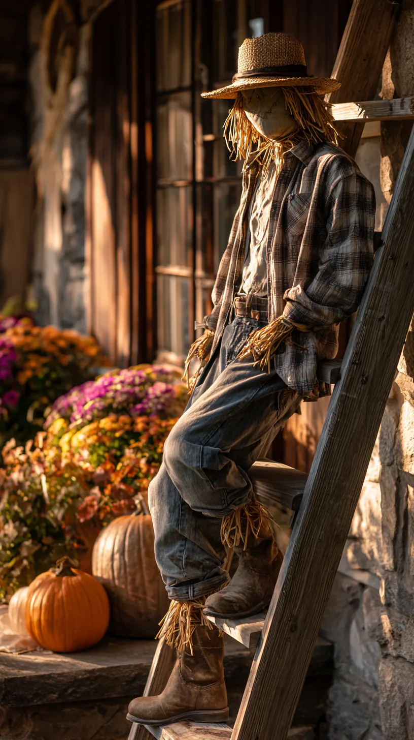 Straw scarecrow in plaid leaning on wooden ladder by house with pumpkins and mums, outdoor scarecrow decor
