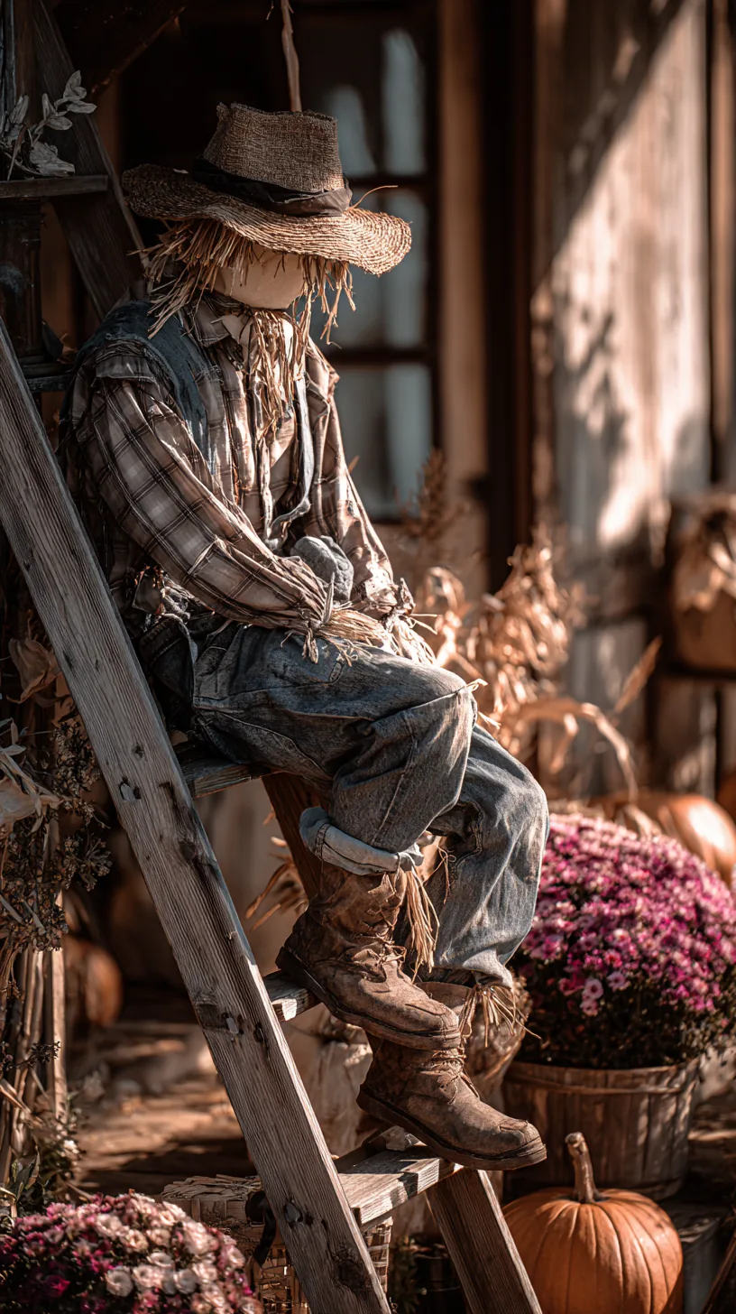 Straw scarecrow in plaid leaning on wooden ladder by house with mums and pumpkin outdoor scarecrow decor