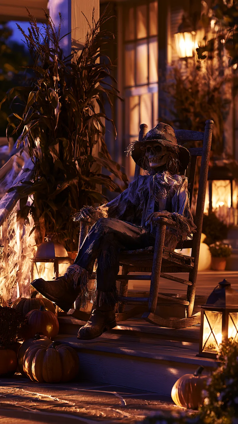 Scarecrow in weathered rocking chair with straw and corn, outdoor scarecrow decor with pumpkins and porch glow