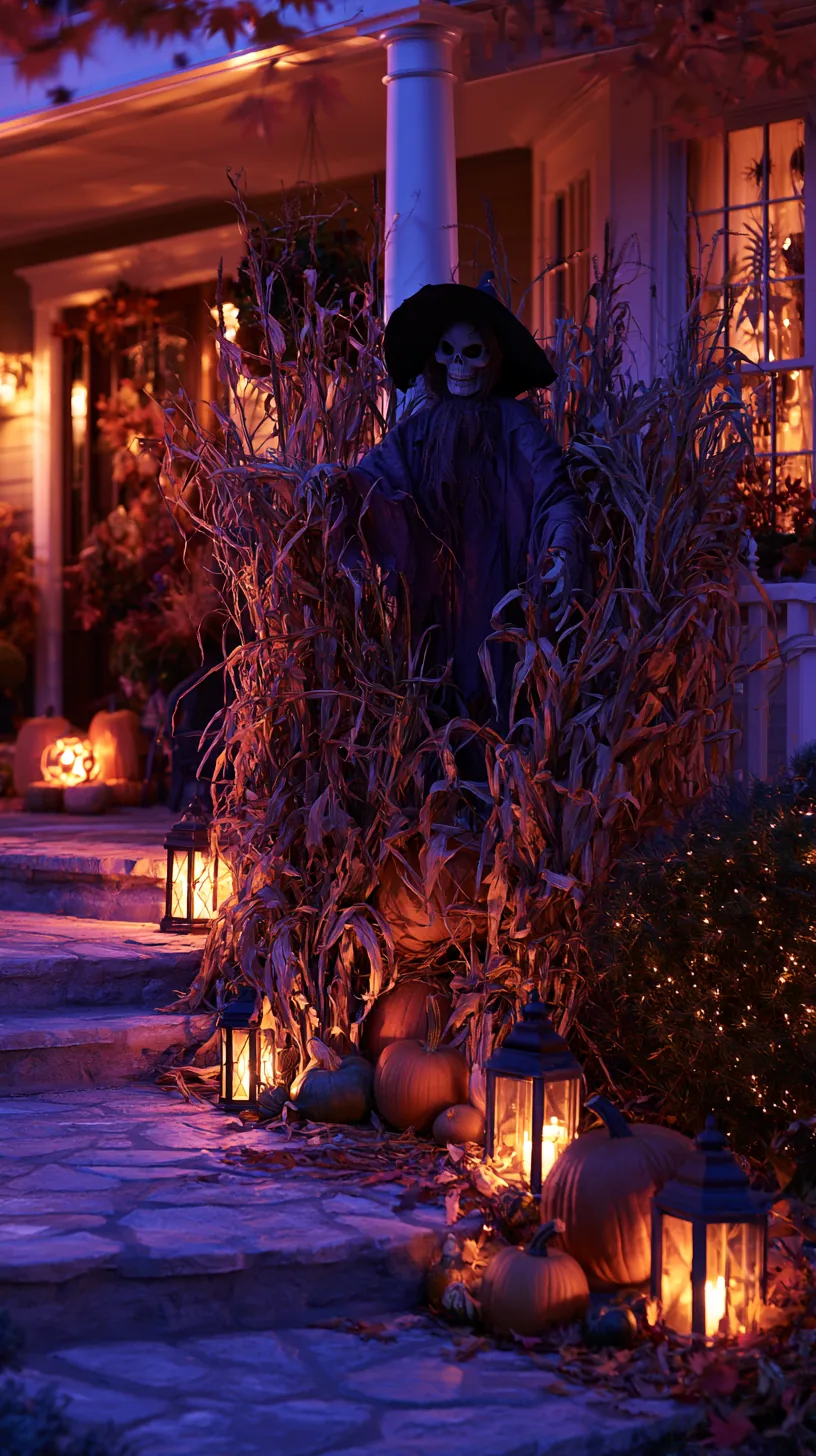 Skeleton scarecrow surrounded by loose dried cornstalks and pumpkins for full outdoor scarecrow decor