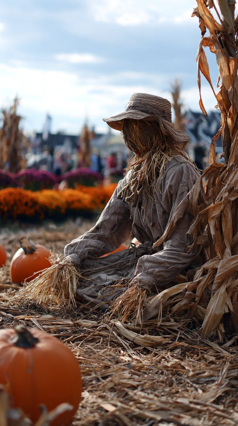 Scarecrow base surrounded by loose cornstalks and husks with pumpkins for full autumn outdoor scarecrow decor