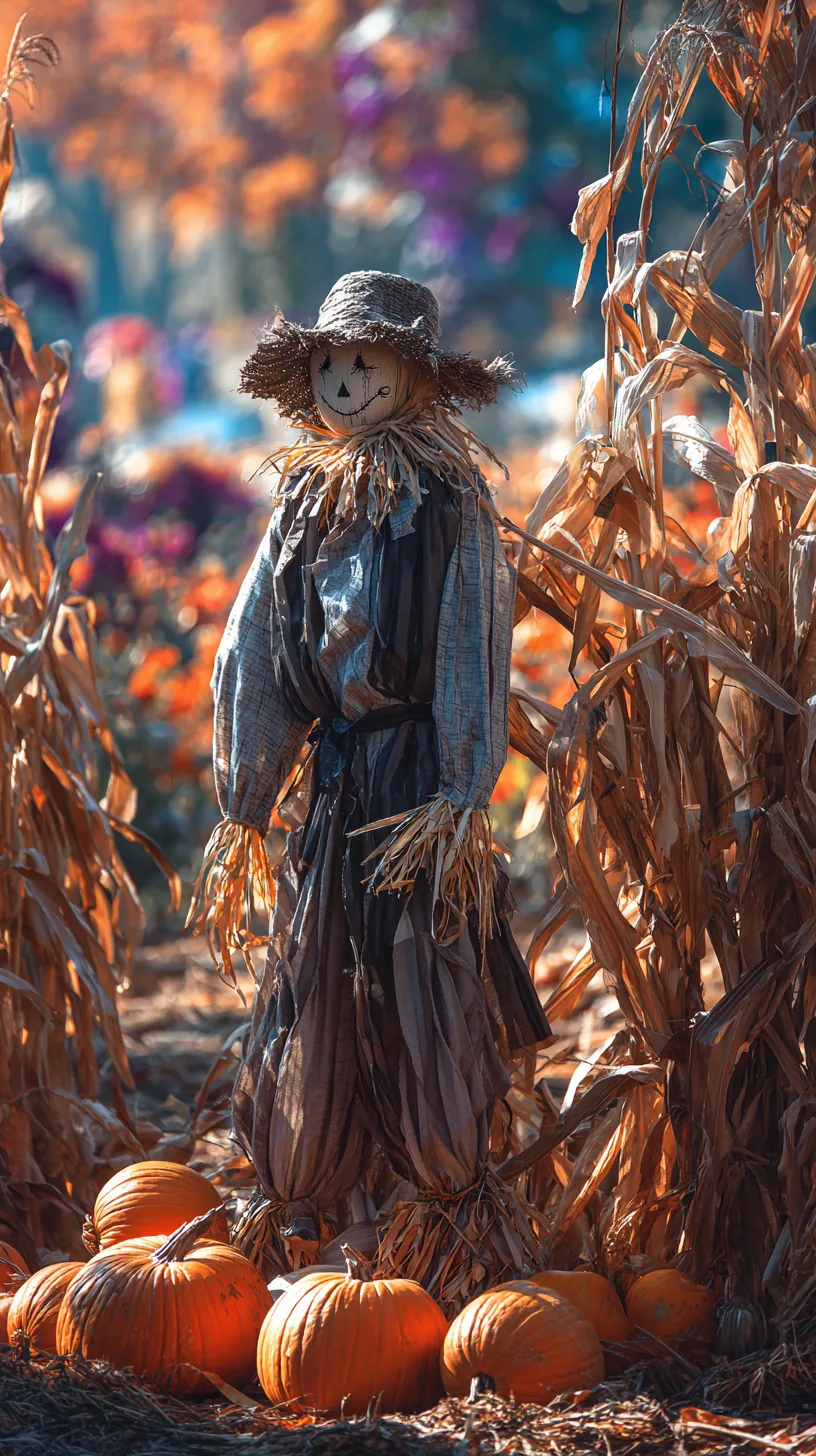 Outdoor scarecrow decor with straw-filled base surrounded by loose cornstalks and orange pumpkins