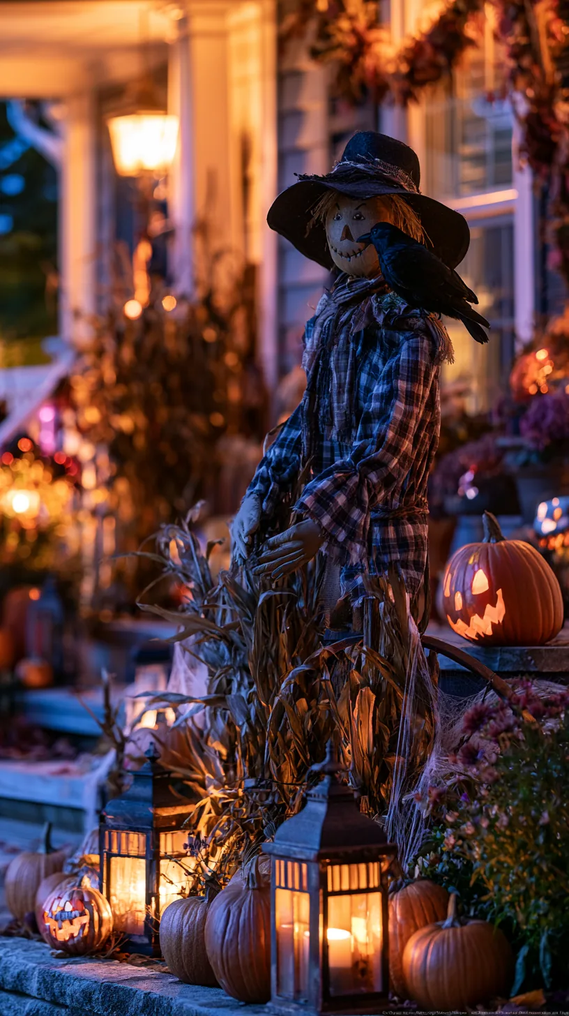 Black faux crow perched on scarecrow's shoulder in outdoor scarecrow decor with glowing pumpkins and straw