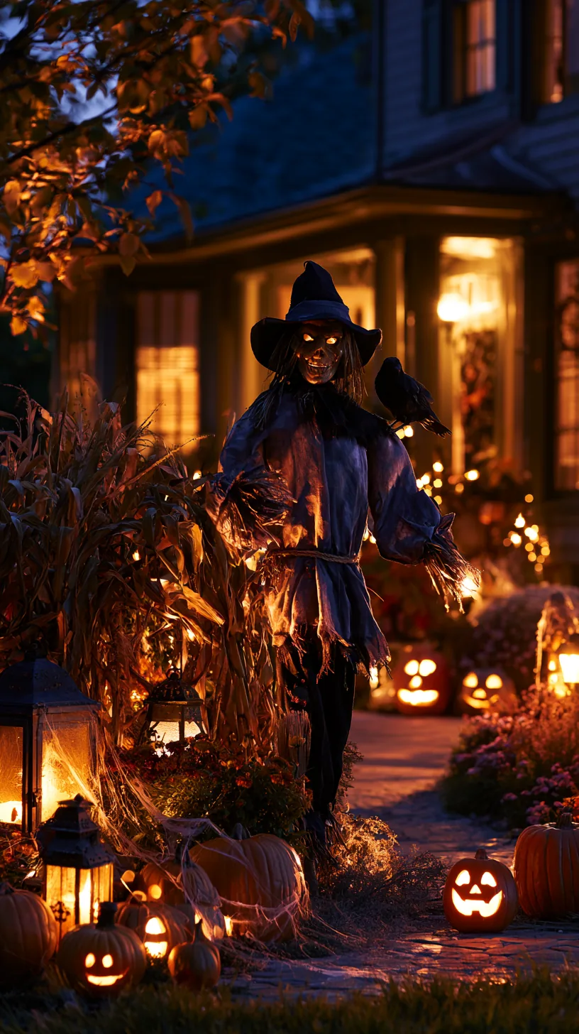 Scarecrow in black with cowboy hat, faux crow on shoulder, glowing pumpkins, outdoor scarecrow decor Halloween