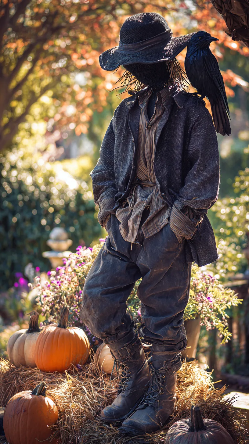 Faux crow perched on scarecrow in straw hat with dark jacket amid autumn pumpkins, outdoor scarecrow decor