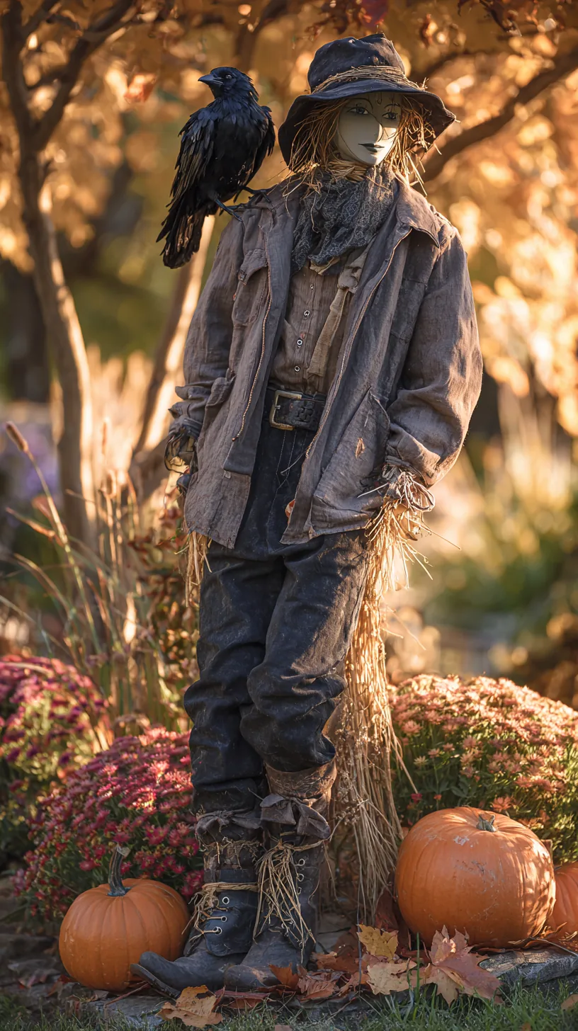 Black faux crow perched on scarecrow's shoulder amid autumn outdoor scarecrow decor with pumpkins and mums