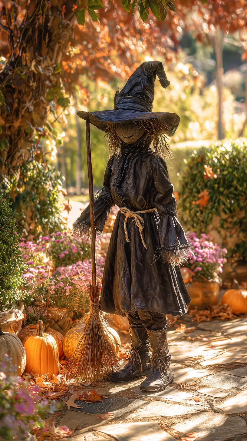 Witch scarecrow in outdoor scarecrow decor with black outfit, hat, straw, broom and autumn pumpkins