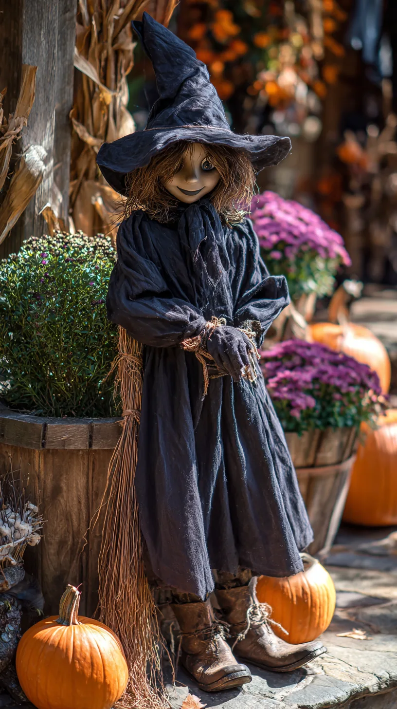 Outdoor scarecrow Halloween decor in black witch costume with straw hair, pointed hat, pumpkins, mums