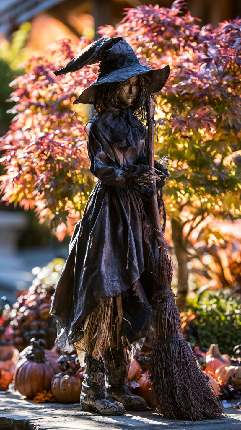 Witch scarecrow with black hat, tattered gown and straw in garden with autumn foliage, outdoor scarecrow decor